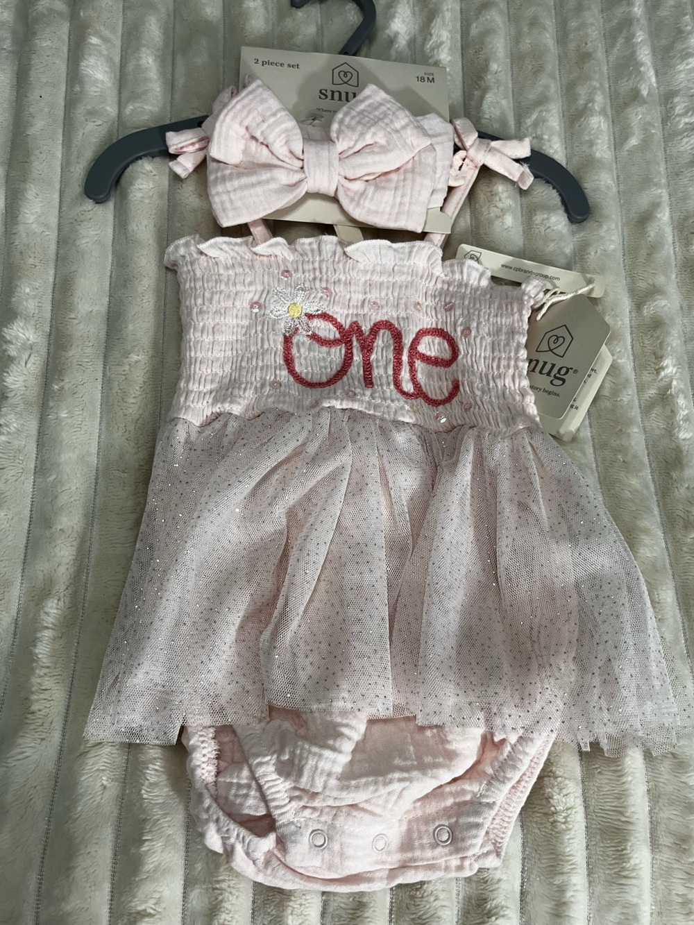 Snug Baby Girls Pink 'One' Tulle One-Piece with Bow Headband